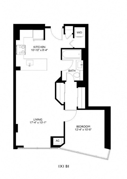 A floor plan of a one bedroom apartment with a living room, kitchen and bathroom.